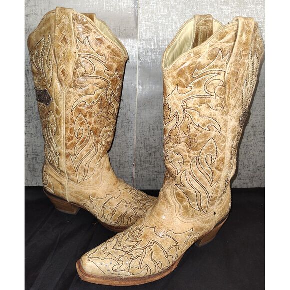 Corral Saddle Brown Embroidered Cross Western Boots Sz 9M - Picture 1 of 10